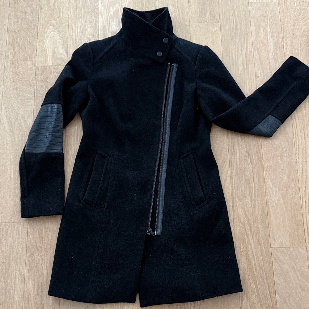 Women's Black Pea Coat with Leather Accents
